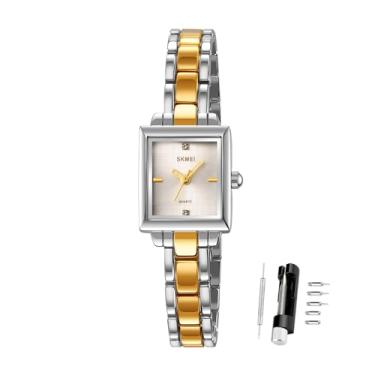 Imagem de SKMEI Relógio feminino quadrado elegante à prova d'água analógico de quartzo com pulseira de aço inoxidável, Prateado, dourado
