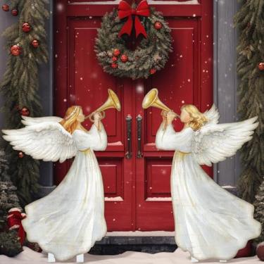 Imagem de Moxweyeni 2 peças de decoração de jardim de anjo de Natal para uso ao ar livre, placa de metal alto com estacas, conjunto de presépio branco de Natal para exibição de jardim, gramado, férias
