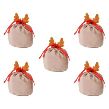 Imagem de oshhni Conjunto de 5 Sacolas de Presente com Cordão para o Natal, Embrulho de Presentes, Lembrancinhas de Festa, Brinquedo Multifuncional para Doces e, Saco de Café, Brown Antlers L