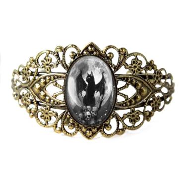Imagem de Pulseira de filigrana de gato preto alado - Gótico Horror Halloween lua cheia, bronze antigo prata ou preto, joia de vidro vintage estilo vitoriano feito à mão - 930-CB, Adjustable, Vidro, Sem Pedra