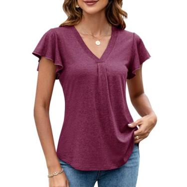 Imagem de Camiseta LOMON com decote em V para mulheres de verão com babados, rox