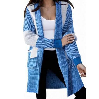 Imagem de Suéter feminino elegante, tricotado de grandes dimensões, colorido, az