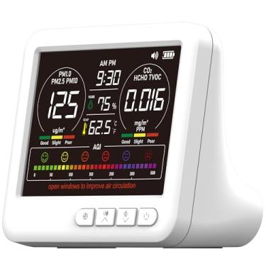 Imagem de Monitor profissional de qualidade do ar interno com 7 alarmes AQI, detector portátil 16 em 1 em tempo real para PM2.5 | PM10 | CO2 | TVOC | HCHO | Temp | Zumbido para casa, carros, plantas, animais de