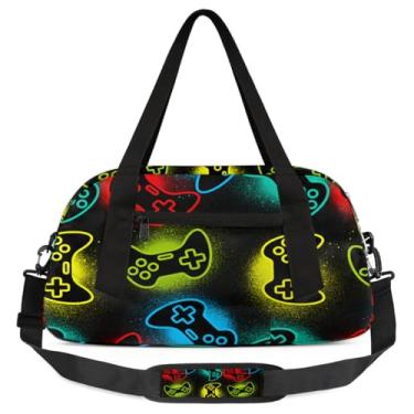 Imagem de Bolsa de viagem de academia para meninos – Bolsa infantil de fim de semana com bolso frontal com zíper para prática escolar, bolsas de mão para adolescentes, Gamepad Gamer, jogo