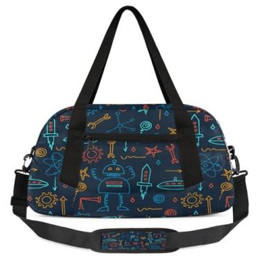 Imagem de Bolsa de viagem de academia para meninos – Bolsa infantil de fim de semana com bolso frontal com zíper para prática escolar, bolsas de mão para adolescentes, Robô, Desenho animado