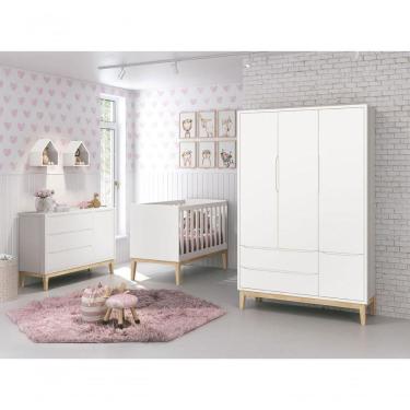 Imagem de Jogo De Quarto Para Bebê Completo 3 Portas Classic New Branco Fosco Com Natural - Moveisaqui