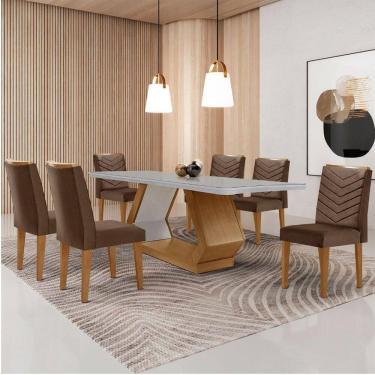 Imagem de Mesa De Jantar Alvorada 180cm Com 6 Cadeiras Liz Moderna Veludo Marrom/off White/imbuia