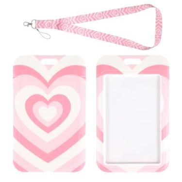 Imagem de Ymapinc Cordão de coração rosa com porta-cartão - Colar com crachá de identificação sensorial para autismo para crianças, meninas e mulheres, protetor de cartão vertical portátil com alça de 48 cm