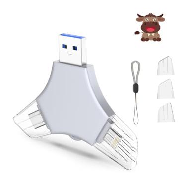 Imagem de Pen Drive USB 3.0 de 64 GB para iPhone, 3 em 1 com memória externa, suporte de fotos, vídeos, armazenamento de dados/backup, pen drives de alta velocidade V10.77 para iPhone/iPad/Android/PC – maçante
