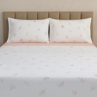 Imagem de Jogo de Lençol Queen 4 Peças, Percal 180 Fios, 100% Algodão, com Elástico 40cm, Lençol Superior 250x240cm, Lençol Box 200x160cm, 2 Fronhas (Berenice)