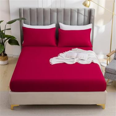 Imagem de Jogo de lençol de cama escovado de cor sólida ultramacia, lençol com elástico e fronha, tamanho de cama de casal, hipoalergênico, lavável na máquina, vinho tinto, 150 x 200 cm (59 x 79 pol.)