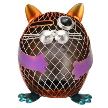 Imagem de Mealheiro de moeda de gato de metal Banco de dinheiro animal colorido à mão com plugue de borracha para decoração de estante de sala de estar em casa Design de rede de ferro de