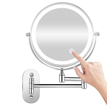 Imagem de YYBOES Espelho de maquiagem 20 cm montado na parede espelho de maquiagem LED tela sensível ao toque luz dupla face ampliação 1X/10X espelho giratório extensível alimentado por baterias