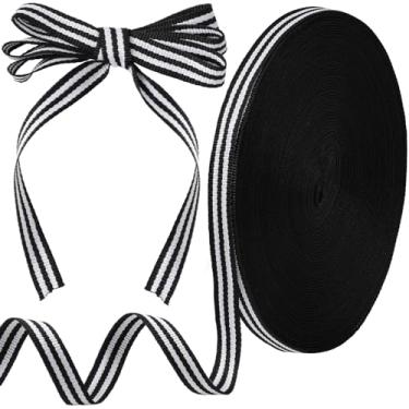 Imagem de OIIKI Fita listrada preta e branca de 54,68 metros, tecido listrado de gorgorão de 0,39 polegadas de largura, enfeites de tecido de poliéster para embrulhar decoração de aniversário de casamento