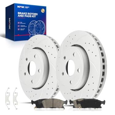 Imagem de KAX Kit de pastilhas de freio dianteiras de cerâmica adequado para Jeep, Dodge Automotive Replacement for 2011-2020 Durango, 2011-2018 Grand Cherokee, (rotor de 33.0 cm), 53062+D1455