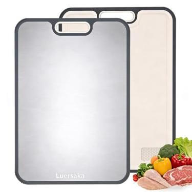 Imagem de Luersaka Tábua de corte para cozinha, aço 304 + palha de trigo PP, tábuas de corte de aço inoxidável frente e verso, fácil de limpar, antiderrapante com alça, seguro para lava-louças, tamanho grande