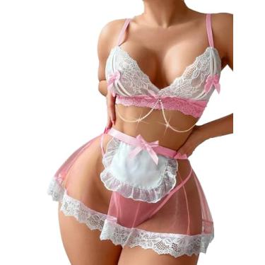 Imagem de Avidlove Lingerie feminina sexy para dramatização, conjunto de fantasia de empregada de renda cosplay com corrente (rosa, médio)