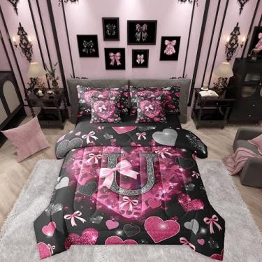 Imagem de Erosebridal Jogo de cama solteiro com letra F com laço e alfabeto, 7 peças, kawaii, coração, coração, glitter, lençol com estampa de leopardo, para meninas, crianças, em uma bolsa, dia dos namorados