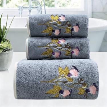 Imagem de USTIDE Toalhas cinzas conjunto de toalhas de flores de outono 3 peças toalhas de mão de veludo coral ultra macias toalhas de banho bordadas absorventes para banheiro, spa, casa (cinza)