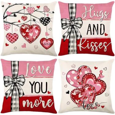 Imagem de Honamonoy Capas de almofada de dia dos namorados 45,7 x 45,7 cm conjunto de 4 capas de almofada decorativas de coração vermelho abraços e beijos de fazenda para decoração de sofá de casa