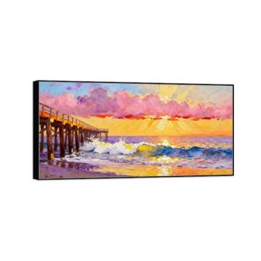 Imagem de Impressão em tela de paisagem com moldura preta - Ponte do mar pôr do sol - Pintura de decoração - Imagens para quarto 60 x 120 cm 24 x 47 pol