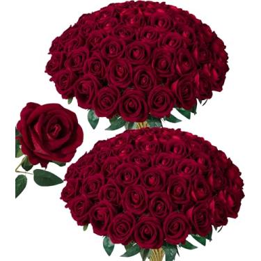 Imagem de 50 peças de flores artificiais de rosas bordô, rosas falsas com caule, rosas de seda realistas para buquês de casamento, mesa de centro de mesa, arranjos de chá de bebê, aniversário, decoração de casa