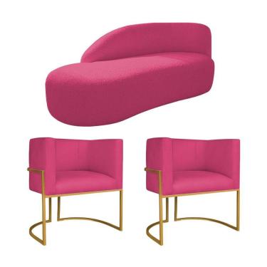 Imagem de Kit Divã Luna 160cm Lado Esquerdo E 02 Poltronas Base De Ferro Dourado Suede Pink