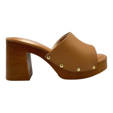 Imagem de Tamanco Tchocco Salto Grosso Clog Couro Marrom Vintage Retrô 60501, 36