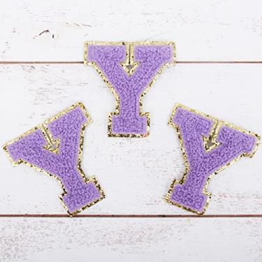 Imagem de Pacote com 3 adesivos de Chenille Iron On Glitter Varsity Letter "Y" - Tecido de chenille lavanda com acabamento em glitter dourado - Costurar ou passar - 5,5 cm de altura