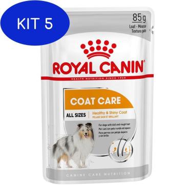 Imagem de Kit 5 Ração Úmida Royal Canin Sachê Cães Adultos Coat Care 85 G