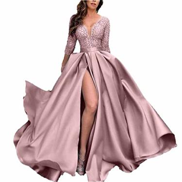 Imagem de Vestido de baile feminino elegante manga longa ocasião formal vestido de noite decote em V franzido colado ao corpo vestido maxi coquetel, rosa, G (busto: 100 cm)