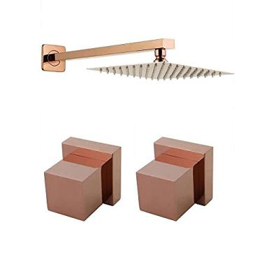 Imagem de Kit Ducha Chuveiro Slim Prizi Quadrado 20x20cm Inox 304 Rose com Braço + Acabamento de Registro para Chuveiro Rose – Prizi