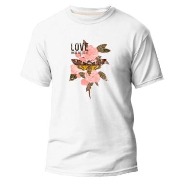 Imagem de Camisetas Estampada Flores Love Algodão Lisa Academia Casual Trabalho Personalizada (BR, Alfa, P, Regular, Branco)