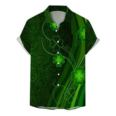Imagem de Camisetas havaianas estampadas do Dia de São Patrício para homens, camisas Ahola de manga curta com botões e modelagem regular, 011 - Preto, G