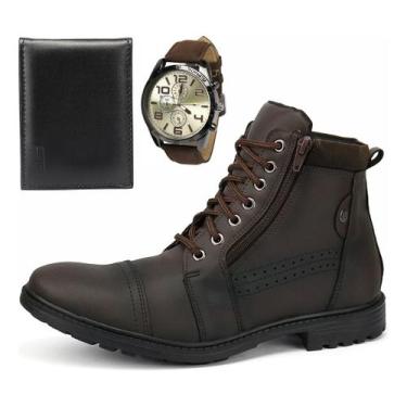 Imagem de Kit Coturno Masculino Bota Adventure Casual Relogio Carteira - Botina 
