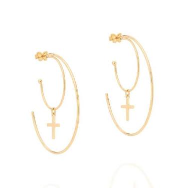 Imagem de Brinco Rommanel Argola Dupla Com Cruz Folheado a Ouro 526482, Dourado