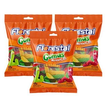 Imagem de Kit 3 bala de goma minhocas azedinhas florestal 65g