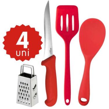 Imagem de Kit Cozinha Faca 28cm Colher de Arroz Silicone 28cm Espátula Vazada 28