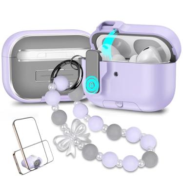 Imagem de Compatível com AirPods Pro 3ª geração, capa para Airpod Pro 3 2025 com trava, proteção total contra quedas, design de tampa pop-up automática com chaveiro para mulheres, laço roxo