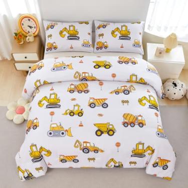 Imagem de ZRNBAST Conjunto de cama casal de construção para meninos e crianças, bege, com desenho de carros, escavadeira, trator, 3 peças, conjunto de cama leve de microfibra para decoração de quarto