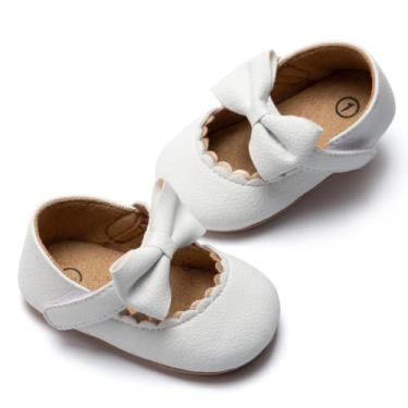 Imagem de HsdsBebe Sapatos de casamento para bebês meninas Mary Jane com laço antiderrapante sola macia Princesa Crianças Primeiros Andadores, F/Bow White, 0-6 Months Infant
