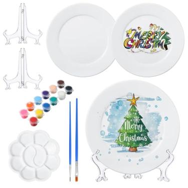 Imagem de Affrolling Kit de pintura de cerâmica para pintar suas próprias placas de porcelana, 2 pincéis, 12 tintas, 2 suportes de tinta e 1 paleta de cores, kit de cerâmica para adultos (redondo)