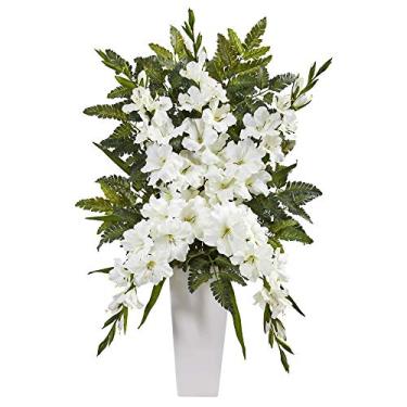 Imagem de Nearly Natural Arranjos de Seda de Vaso Branco Artificial Gladiolas & Samambaia