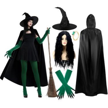 Imagem de Berlune Conjunto de 7 peças de fantasia de bruxa de Halloween para mulheres, chapéu de bruxa, preto, cabelo longo, luvas verdes, anéis de meias de veludo, filme, roupa de Halloween, festa, cosplay