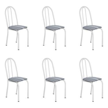 Imagem de Kit 6 Cadeiras De Cozinha Califórnia Estampado Preto Listrado Pés De Ferro Branco