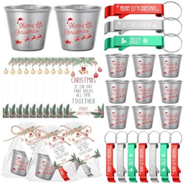 Imagem de Roshtia 15 conjuntos de lembrancinhas de Natal para convidados, copos de shot de aço inoxidável, 3 estilos, abridor de garrafas, chaveiro, cartões de felicitações e bolsas de organza lembrancinhas de