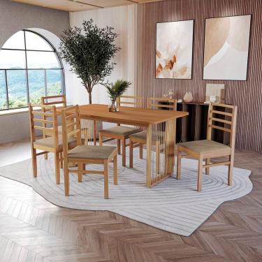 Imagem de Conjunto Sala De Jantar Elisa Em Madeira Maciça 6 Cadeiras Linho Fendi