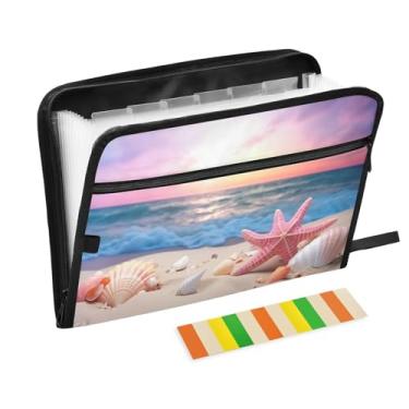 Imagem de Wassud Estrela-do-mar e conchas 13 bolsos organizador de arquivos sanfonado pastas de arquivos expansíveis com abas e adesivos, tamanho carta A4 papel recibo documento pasta organizador para viagem de