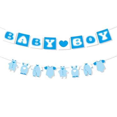Imagem de 2 peças de faixa de chuveiro, body faixa de varal de roupa decoração revelação de gênero enfeite de guirlanda de papel para decoração de parede de festa suprimentos de pano de fundo (menino)