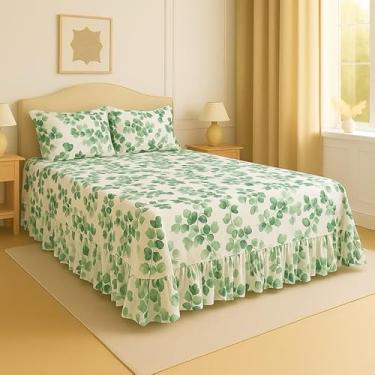 Imagem de Kit Lençol Queen 3 Peças Micropercal Toque de Algodão com Babado e Fronhas Premium (Branco- Folhas Verde)